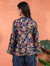 Navy Blue Flared Floral A - line Tunic with Mandarin Collar - Mahukaa