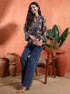 Navy Blue Flared Floral A - line Tunic with Mandarin Collar - Mahukaa