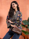 Navy Blue Flared Floral A - line Tunic with Mandarin Collar - Mahukaa