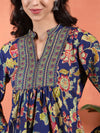 Navy Blue Flared Floral A - line Tunic with Mandarin Collar - Mahukaa