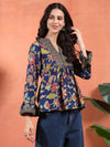 Navy Blue Flared Floral A - line Tunic with Mandarin Collar - Mahukaa