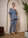 Navy Blue Floral A - Line Kaftan Kurta Set - Mahukaa