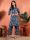 Navy Blue Floral Printed A - Line Kurta Set with Mandarin Collar - Mahukaa