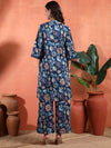 Navy Blue Floral Printed A - Line Kurta Set with Mandarin Collar - Mahukaa