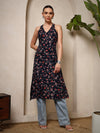 Navy Blue Floral V - Neck Halter Neck Straight Kurta with Screen Print - Mahukaa