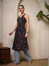 Navy Blue Floral V - Neck Halter Neck Straight Kurta with Screen Print - Mahukaa