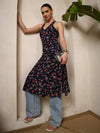 Navy Blue Floral V - Neck Halter Neck Straight Kurta with Screen Print - Mahukaa