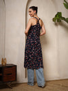 Navy Blue Floral V - Neck Halter Neck Straight Kurta with Screen Print - Mahukaa