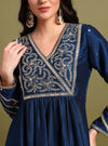 Navy Blue Yoke embroidery Anarkali with Duppatta - Mahukaa