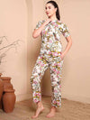 Off - White Floral Cotton Night Suit with Mandarin Collar - Mahukaa