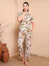 Off - White Floral Cotton Night Suit with Mandarin Collar - Mahukaa