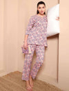 Pink Floral Cotton Night Suit with Round Slit Neckline - Mahukaa