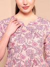 Pink Floral Cotton Night Suit with Round Slit Neckline - Mahukaa