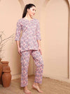 Pink Floral Cotton Night Suit with Round Slit Neckline - Mahukaa