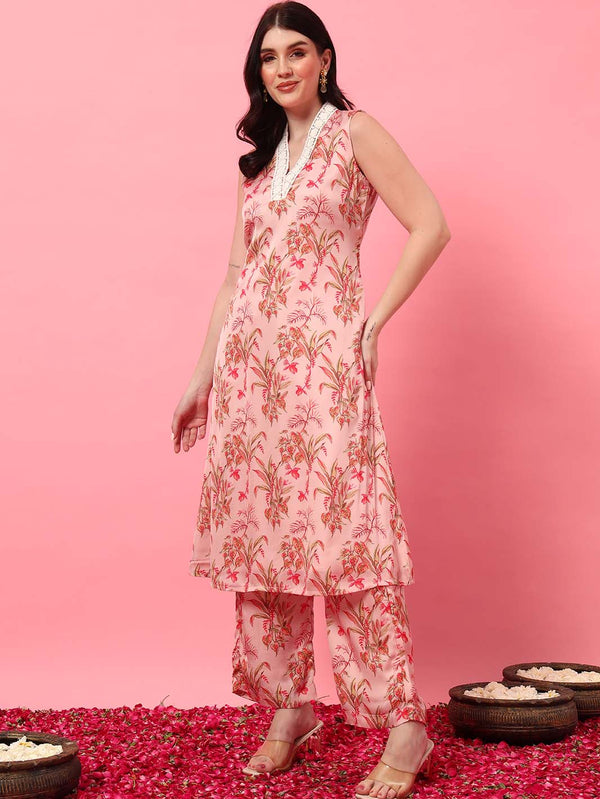 Mahukaa kurta pant set – pink floral printed A-line kurta with pants for festive occasions.