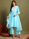 Powder blue dori & thread work embroidery kurta set with dupatta - Mahukaa