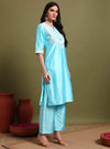 Powder blue dori & thread work embroidery kurta set with dupatta - Mahukaa