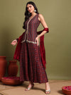 Printed Maroon V - Neckline Kurta Set With Lace Detaling & Dupatta - Mahukaa