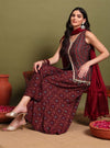 Printed Maroon V - Neckline Kurta Set With Lace Detaling & Dupatta - Mahukaa
