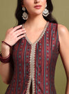Printed Maroon V - Neckline Kurta Set With Lace Detaling & Dupatta - Mahukaa
