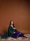 Purple Round V - neckline Anarkali Set with Yoke Embroidery & Dupatta - Mahukaa