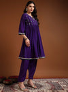 Purple Round V - neckline Anarkali Set with Yoke Embroidery & Dupatta - Mahukaa