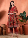 Red Floral Anarkali Set with Screen Print and Round Neck - Mahukaa