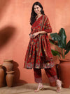 Red Floral Anarkali Set with Screen Print and Round Neck - Mahukaa