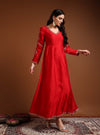 Red V - Neck Embroidered Anarkali Set with Dupatta - Mahukaa