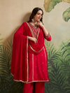 Red V - Neck Embroidered Kurta Set & Matching Dupatta - Mahukaa