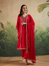 Red V - Neck Embroidered Kurta Set & Matching Dupatta - Mahukaa