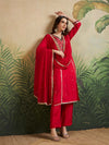 Red V - Neck Embroidered Kurta Set & Matching Dupatta - Mahukaa