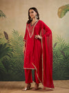 Red V - Neck Embroidered Kurta Set & Matching Dupatta - Mahukaa
