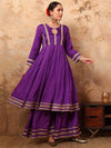 Regal Purple Georgette Anarkali Sharara Set with Sequin Lace and Chinon Dupatta - Mahukaa