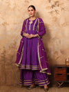 Regal Purple Georgette Anarkali Sharara Set with Sequin Lace and Chinon Dupatta - Mahukaa