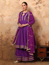 Regal Purple Georgette Anarkali Sharara Set with Sequin Lace and Chinon Dupatta - Mahukaa