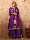 Regal Purple Georgette Anarkali Sharara Set with Sequin Lace and Chinon Dupatta - Mahukaa