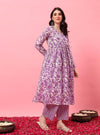 White Floral Angrakha Anarkali Kurta Set with Round V - Neck - Mahukaa