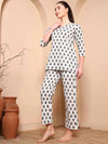 White Floral Print Pure Cotton Night Suit - Mahukaa