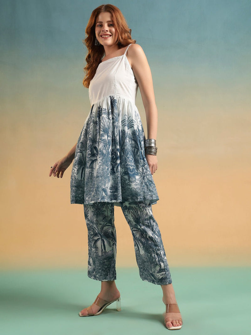 White Tropical Printed A - Line Co - ord Set with Spaghetti Straps - Mahukaa