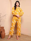 Yellow Pure Cotton Floral Co - ord Set with Shirt Collar - Mahukaa