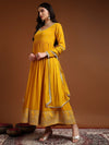 Yellow Round - neckline Anarkali Set with Lace Embroidery & Dupatta - Mahukaa