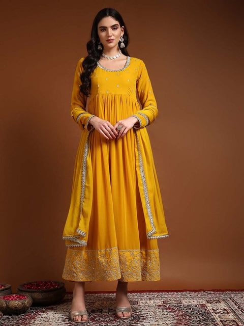 Yellow Round-neckline Anarkali Set with Lace Embroidery & Dupatta – Indiji  Store