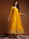 Yellow Round - neckline Anarkali Set with Lace Embroidery & Dupatta - Mahukaa
