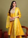 Yellow Round V - neckline Anarkali Set with Sequin Yoke Embroidery & Duppatta - Mahukaa