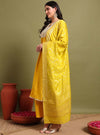 Yellow Round V - neckline Anarkali Set with Sequin Yoke Embroidery & Duppatta - Mahukaa