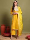Yellow Round V - neckline Anarkali Set with Sequin Yoke Embroidery & Duppatta - Mahukaa