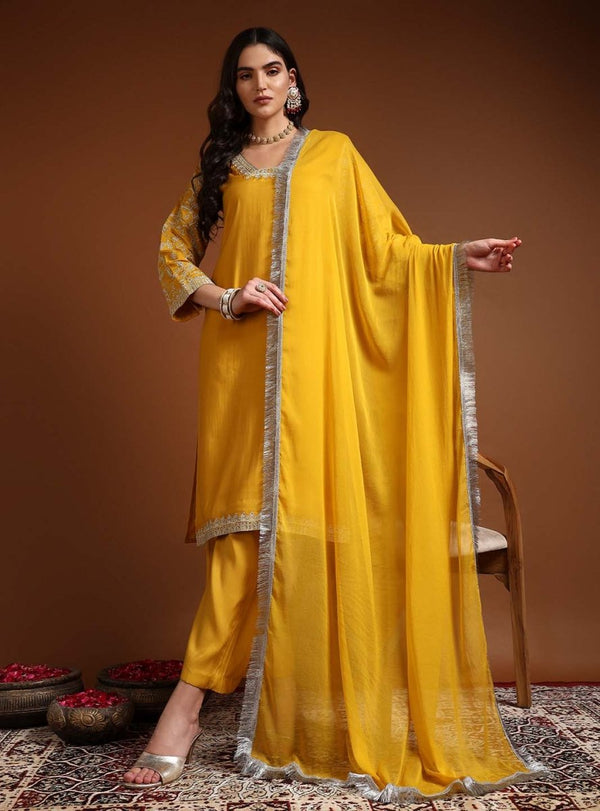 Yellow Square V - Neck Zari Embroidered Kurta Set with Dupatta - Mahukaa